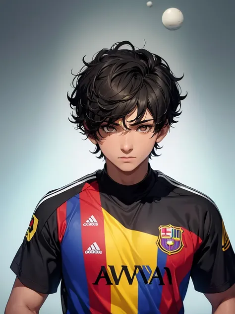 Boy with very short curly black hair with yellow highlights and who wears Messis shirt and who is in a school that has dark eyes and brown skin