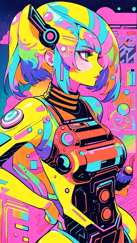 ((best quality)), ((masterpiece)), (detailed), perfect face of cyberpunk mecha japanese girl, neon rainbow eyes, neon yellow body, rainbow hair, neon rainbow color palette, sci-fi, graphic novel, line drawing, french retro, bizarre, gallery worthy, work of...