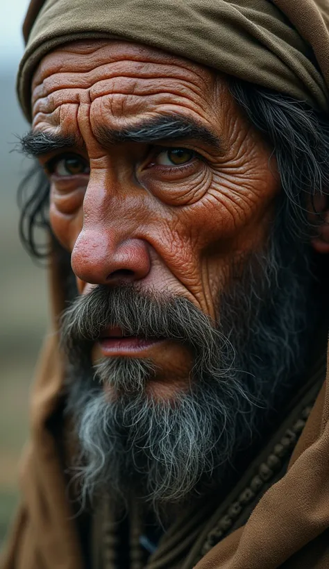 Close-up of the prophet’s face, showing deep lines and weary eyes, suggesting struggle and perseverance; background hinting at isolation in a desolate, somber landscape.