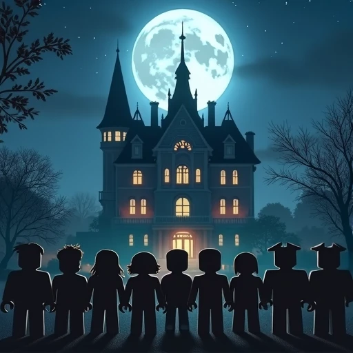 roblox characters lining up behind a mansion at night