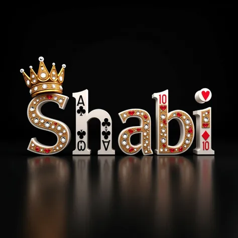 A visually stunning 3D rendering of the word "Shabi " in bold, playful letters. Each letter is crafted to resemble a unique playing card suit. The Ace of Spades integrates seamlessly into the "O". The Ten of Hearts merges with the "B". The overall design i...