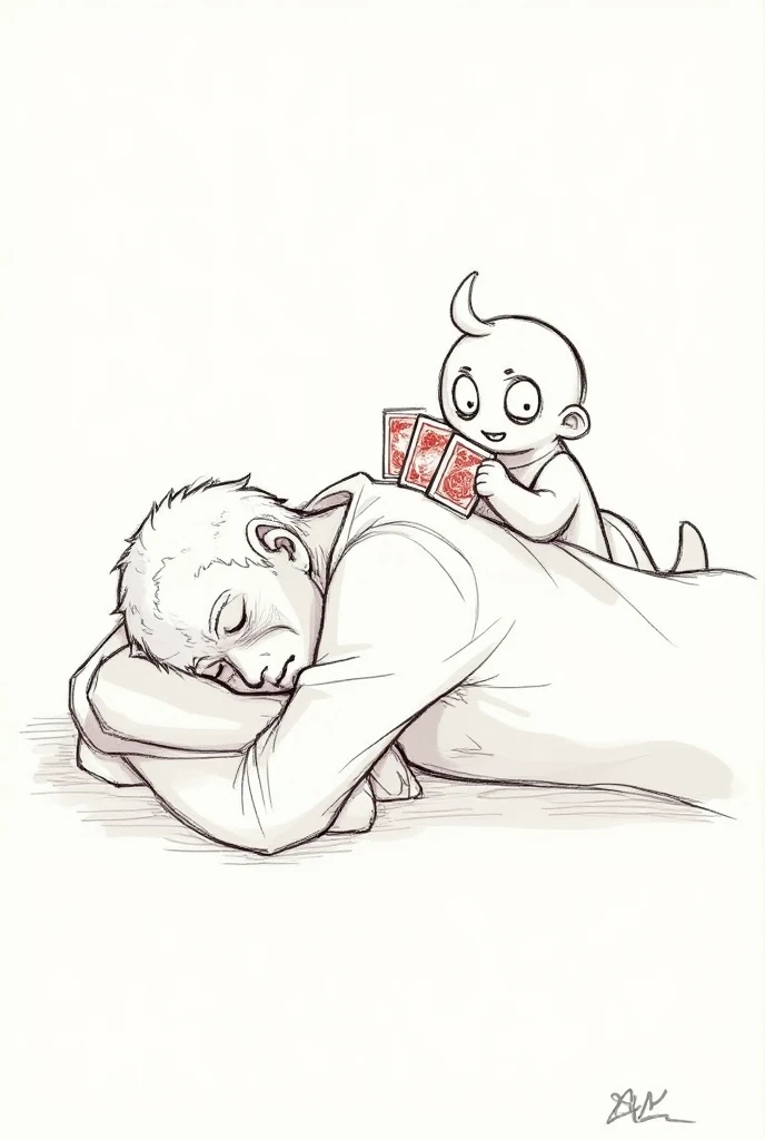 A sketch of a tired character lying down with another happy smaller one showing him game cards lying on top of him against his right arm 