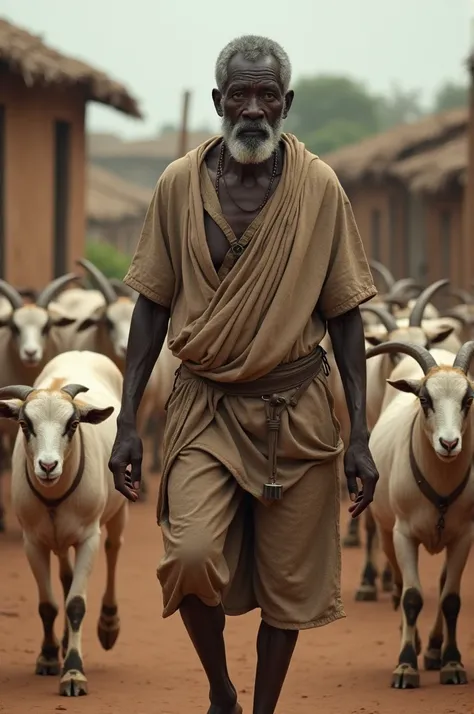 Poor African man in the village taking goats to eat 