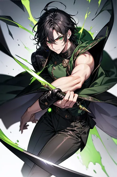 1 man, young, neutral face, black hair, middle part hair style, green eyes, noble suit, black blade, beast in the background, looking at viewer, enveloped in demonic aura