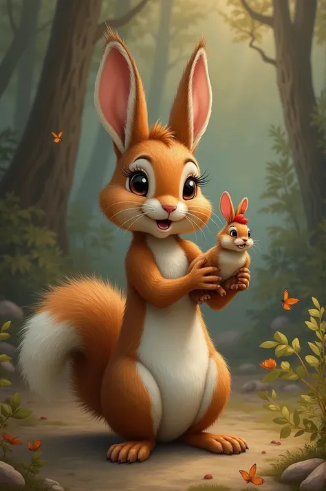 A squirrel girl holds a hares cock in her hand 