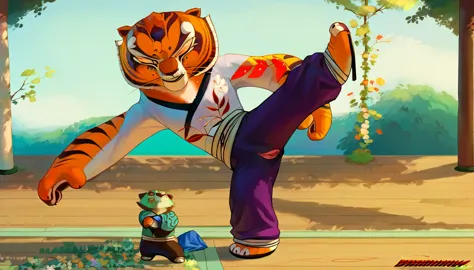 (caucasian ethnicity) masterpiece , 4k,  lyrics, tigress\(kung fu panda\), purple pants,  loose pants , plain pants,  martial ar...