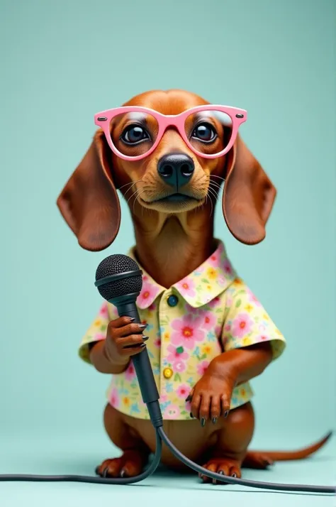 Dachshund wearing a shirt with flowers, clear lenses and a microphone 