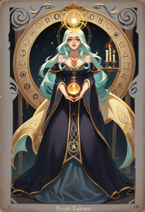 A black and gold tarot card，A high resolution, create a scene that depicts a modern-day witch who has embraced the world of cybernetics to enhance her magical abilities. The artwork should convey the enchanting blend of traditional witchcraft and futuristi...