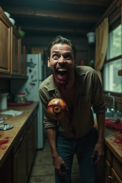 a crazy man in wooden forest house in kitchen with his mouth covered in blood maniacly smiling slim showing an eyeball he is holding. realistic 