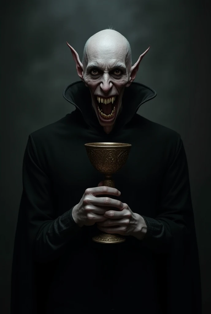  An open-mouthed vampire holding a chalice,  style with a slightly slanted face . The image will be in HQ .