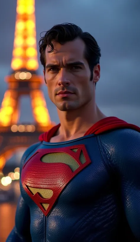 Generate a hyper-realistic, 4K image of Superman inspired by France, in a suit colored blue, ""white"", "white", and red, reflecting the French flag. He has light skin, brown eyes, and dark brown hair, with a dramatic pose near the Eiffel Tower. HDR emphas...