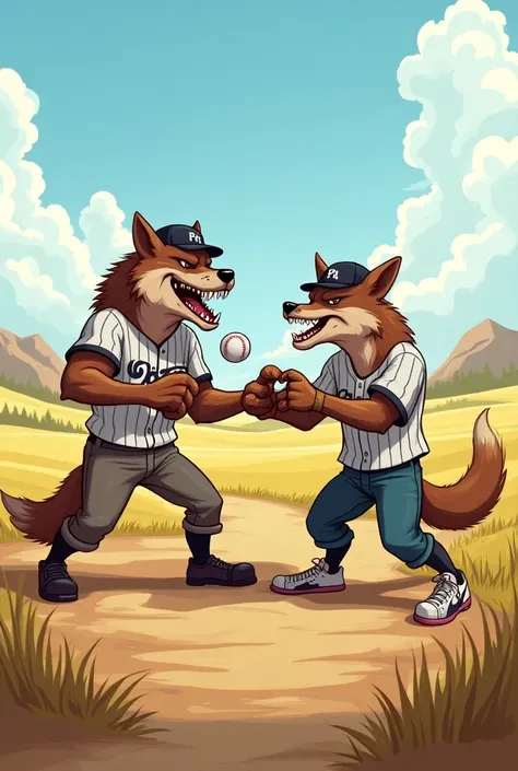 Big Prairie wolf, big coyote, mad, growling, playing baseball, wearing baseball clothes, cartoon