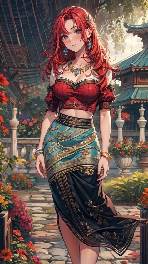 ((masterpiece, best quality:1.3, high detail)), beautiful woman, smile, looking at viewer, long wavy hair, (red hair), hairpin, light blush, (oversized crop top), (black midi pencil (skirt)), midriff, navel, necklace, bracelets, collarbone, garden, (cloudy...