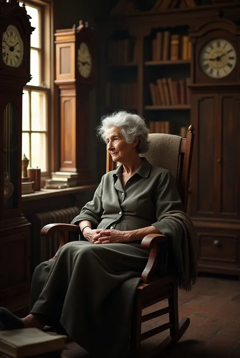  The old woman sitting on the rocking chair inside the cabin, surrounded by old clocks and books .