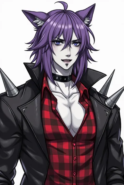  Adult human male with wolf features without being a wolf completely, by: purple,  shoulder-length , purple wolf ears ,  light purple eyes , black collar with gray spikes ,  black leather jacket with gray spikes on the shoulders,  red plaid shirt V-neck , ...