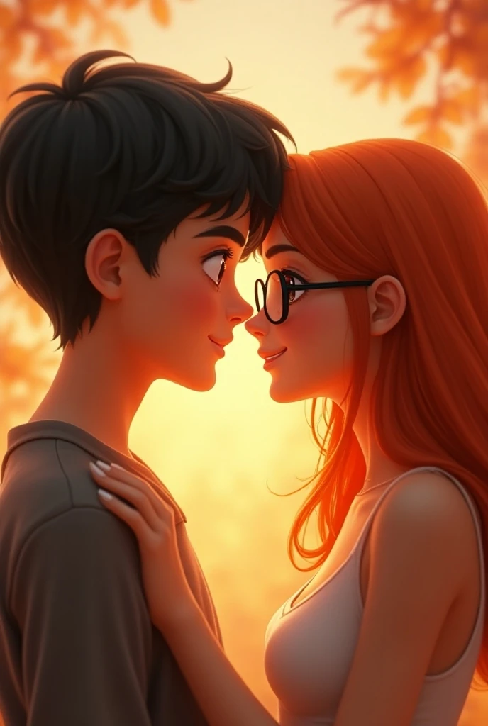 Create a photo of a boy with black hair and a girl with long orange hair and glasses, Kissing each other animated photo   