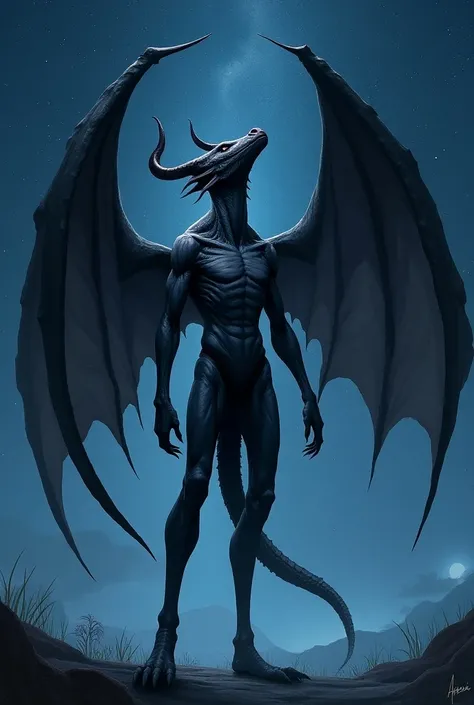  Long-chested demon , delgado, humanoid,  large dragon wings,  long, sharp tail , very long triangular head, Standing point , tilting the head, looking at the stars,  full body  