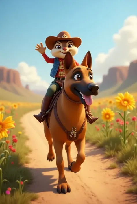 A disney-style 3D poster film from Pixar with the text "A small chipmunk in a cowboy outfit, complete with a vest, hat, and sheriffs badge, riding a large, patient German shepherd. The chipmunk has one hand up as if waving to an invisible crowd, while they...