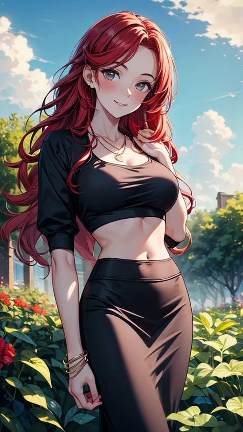 ((masterpiece, best quality:1.3, high detail)), beautiful woman, smile, looking at viewer, long wavy hair, (red hair), hairpin, light blush, (oversized crop top), (black midi pencil (skirt)), midriff, navel, necklace, bracelets, collarbone, garden, (cloudy...