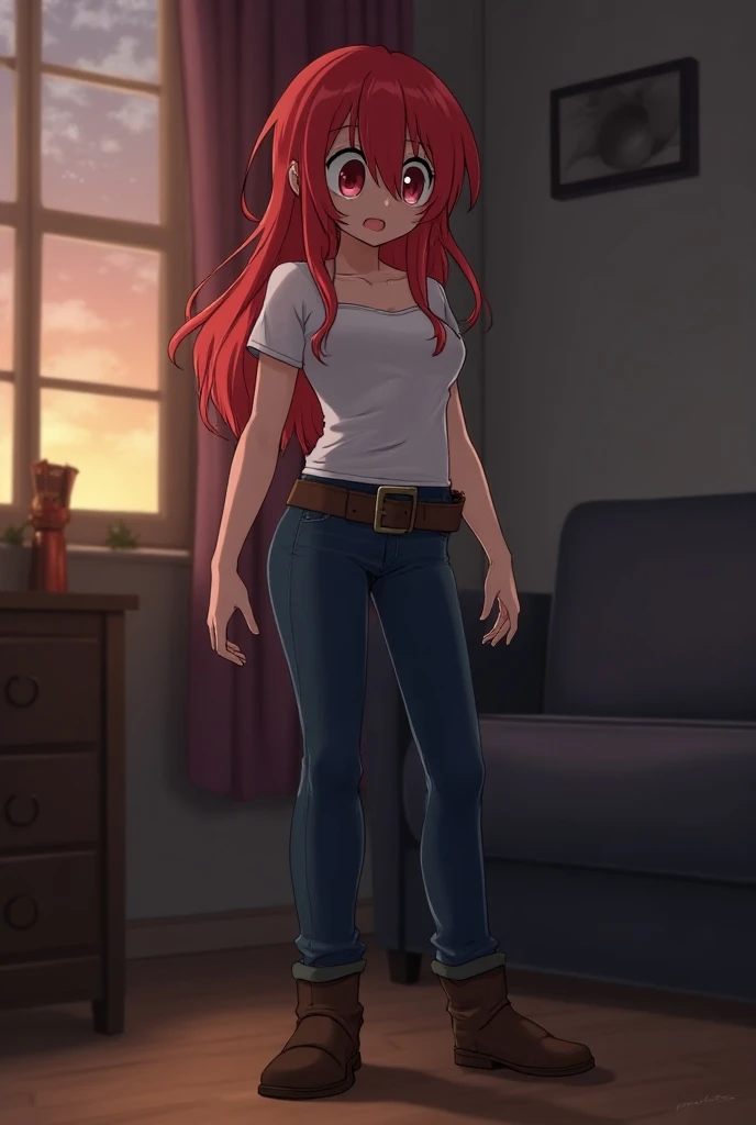 Anime girl, dark blue skinny jeans,short t-shirt,Short sleeves,very long red hair, hair over one eye , scared ,Evening,room with window , brown belt ,brown boots,tired, showing her big butt , full body , showing her big chest ,sexy twerking