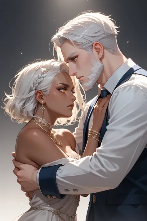 dancing couple composed of , a black-skinned woman,  white hair and long purple eyes and a man ,  with blond hair and beard mixed with gray threads .  His strong body and firm posture show his experience as a veteran .  He has a serious and tired expressio...