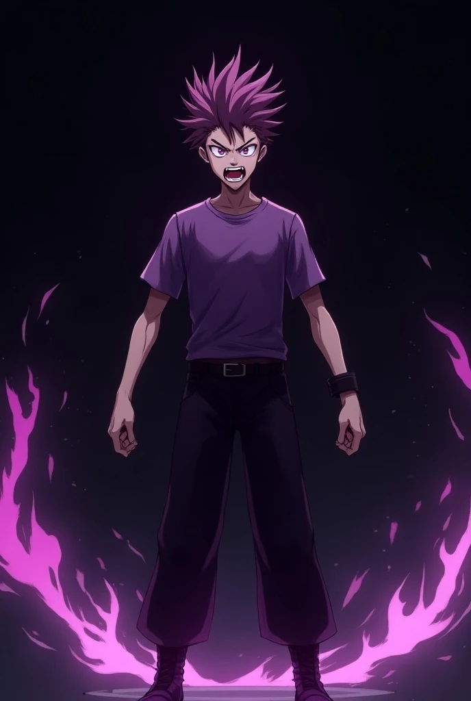 Gender: Male. Age: Twenty years old. Weight: Fifty kilograms. Height: One hundred ninety centimeters. Race: Human. Hair: Short, sharp, purple, upturned. Eyes: Purple, predatory pupils, wide open. Build: Thin, fit. Appearance: Young teenager, beautiful, poi...