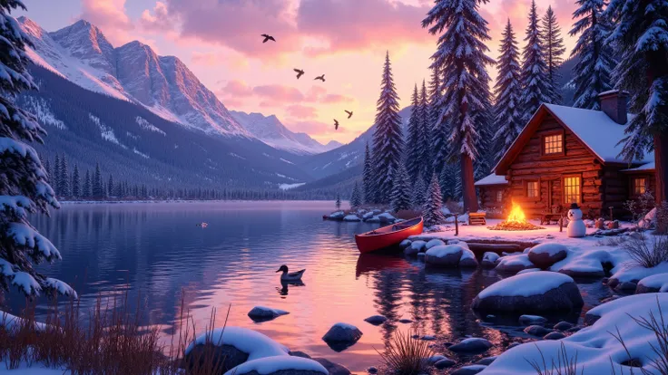 (Masterpiece), 8K, Vibrant colors. mountain lake with an old log cabin in the clearing, campfire in front of the cabin, Beautiful winter scene,  soft glow coming from the windows in the cabin, "Thomas Kinkade painting", snowman next to the cabin, red canoe...