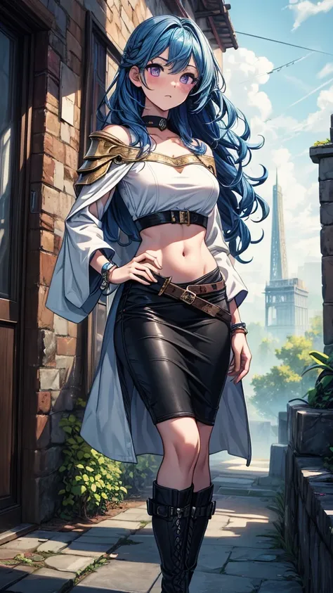 ((masterpiece, best quality:1.3, high detail)), beautiful woman, looking at viewer, long wavy hair, (blue hair), bright purple eyes, light blush, (white shirt crop top, large sleeves), (long black midi pencil (skirt)), black skirt, midriff, navel, (bracele...