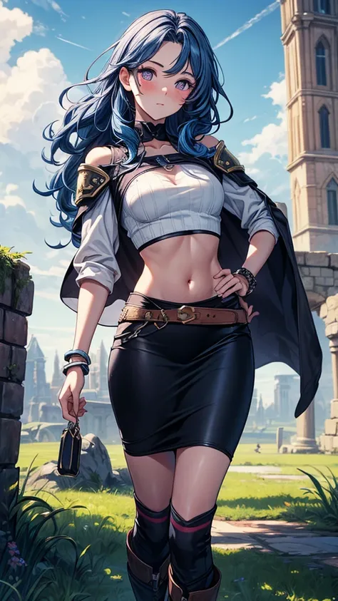 ((masterpiece, best quality:1.3, high detail)), beautiful woman, looking at viewer, long wavy hair, (blue hair), bright purple eyes, light blush, (white shirt crop top, large sleeves), (long black midi pencil (skirt)), black skirt, midriff, navel, (bracele...