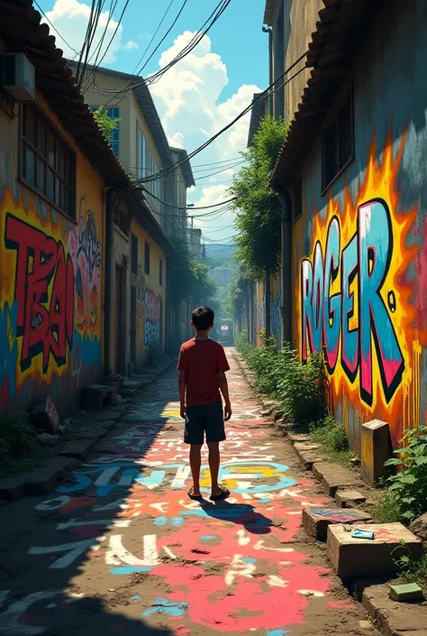 Graffiti in the favela with the name Jovem Roger
