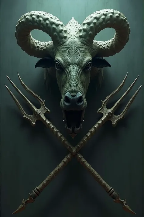 Minotaur head with the head of a craken above that of a minotaur with 2 tridents below forming an x logo 