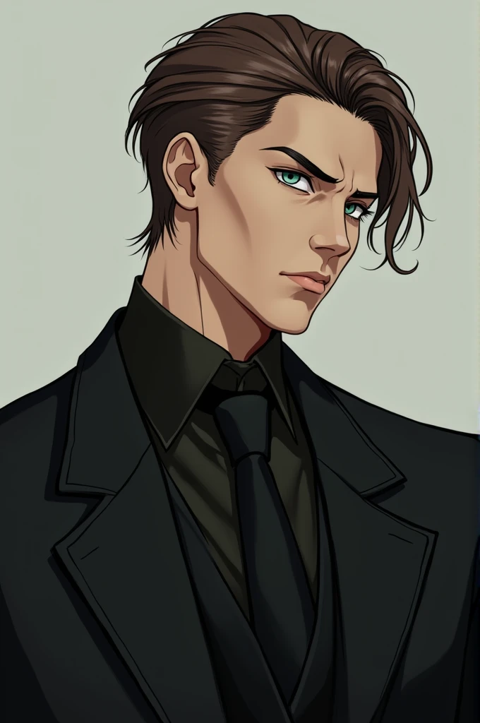 ((best quality)), ((masterpiece)), (detailed), perfect face-anime mature man, wearing a black suit,mafia appearance,brown pulled back,Side shaved hairstyle,Turquoise eye color of light texture pale and washed out, very pale skin 