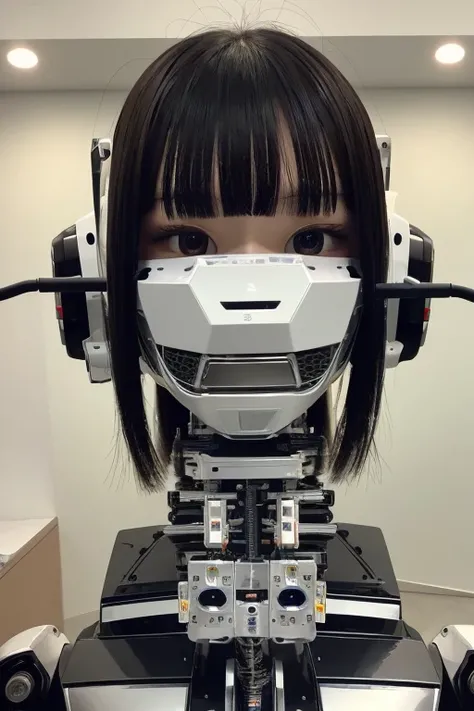 masterpiece, best quality, extremely detailed,portrait,upper body,front view,Japaese android girl,Plump, control panels,android,Droid,Mechanical Hand, Robot arms and legs,Blunt bangs,long tube,thick cable connected her neck,