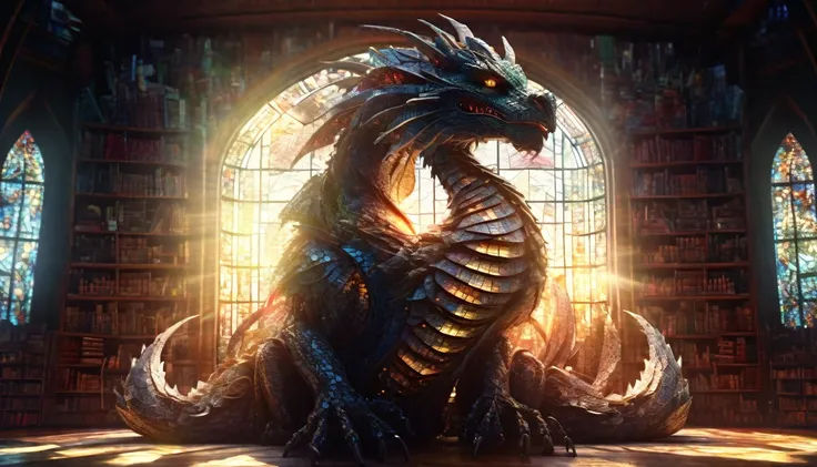 Giant dragon like bookworm made of books, in a giant library, stained glass window, light shining from outside, High Resolution, Tongue Out, Backlighting, Lens Flare, Masterpiece, Best Quality, Award Winning, High Details, High Quality, Super Detailed, UHD...