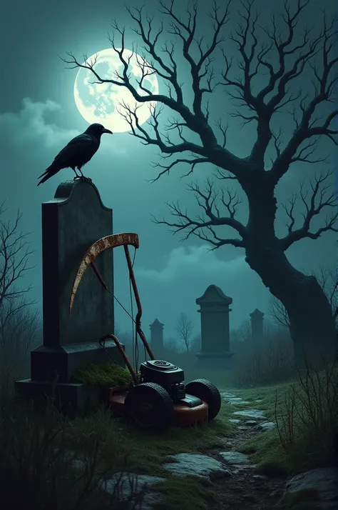 A graveyard with visible headstone, with a mower and its scythe, a tree with a crow on a branch and a full moon 