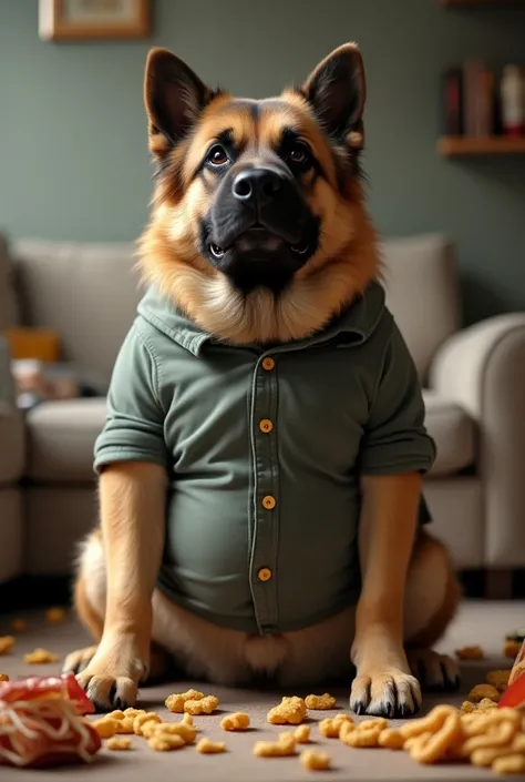 The fat german shepherd trys human shirt with buttons tight while eating junk food 