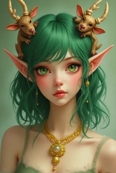 Dessin,, portrait un lutin,  woman just her face green hair with a yellow necklace, The ears with mini reindeer with green and brown eyes  