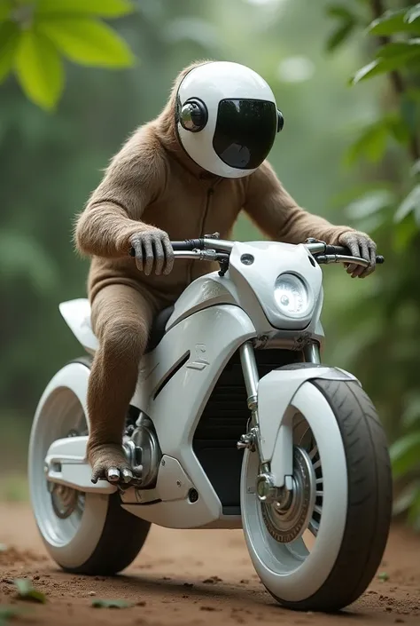 Imagine a male sloth piloting, The bike is a white trail bike  