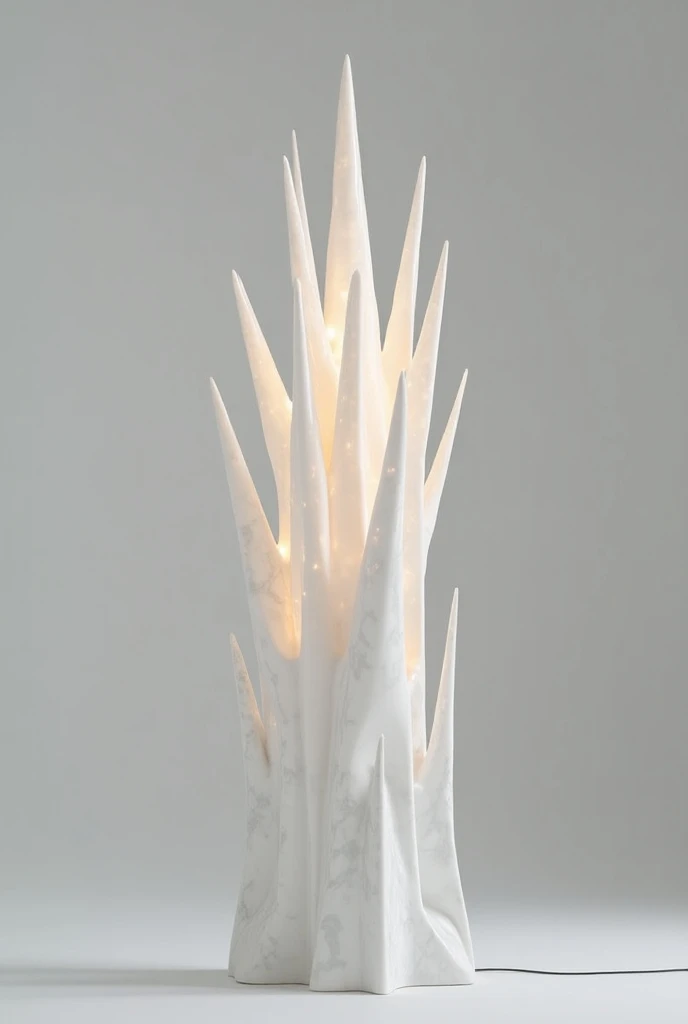 lampe design en forme de sculpture plastique blanche en forme darbre conceptuel, avec des épines, qui éclaire vers le ciel, texture marbrée