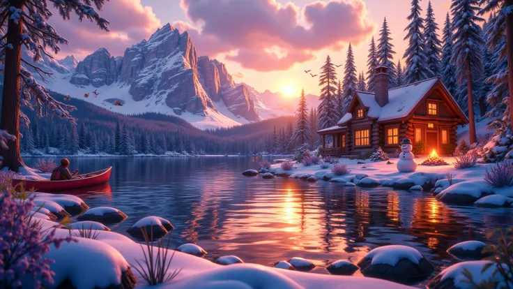 (Masterpiece), 8K, Vibrant colors. mountain lake with an old log cabin in the clearing, campfire in front of the cabin, Beautiful winter evening, soft glow coming from the windows in the cabin, "Thomas Kinkade painting", snowman next to the cabin, red cano...