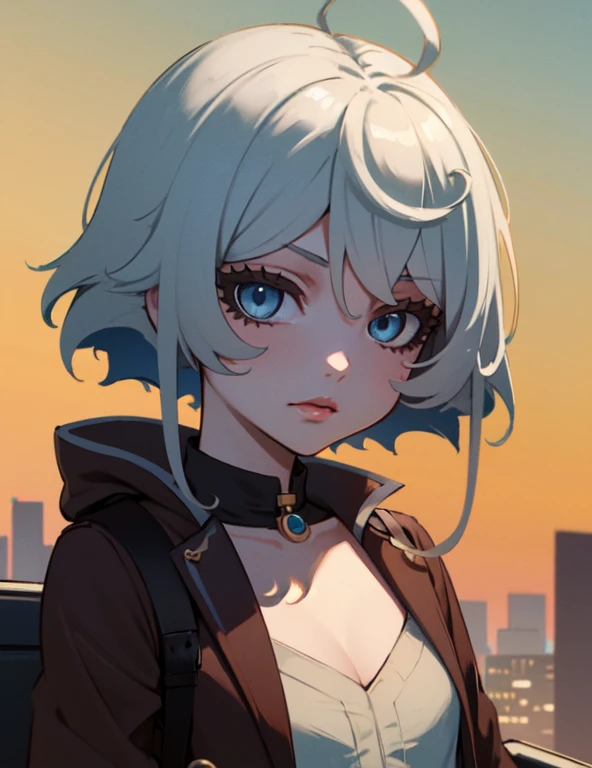 ((best quality)), ((masterpiece)), (detailed), perfect face. Asian girl. White hair. Blue eyes. V neck. City. Small breast.