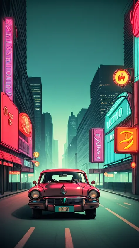  Retro style car ,  on the road moving towards the horizon, retro landscape , Retro atmosphere, buildings with neon lights 