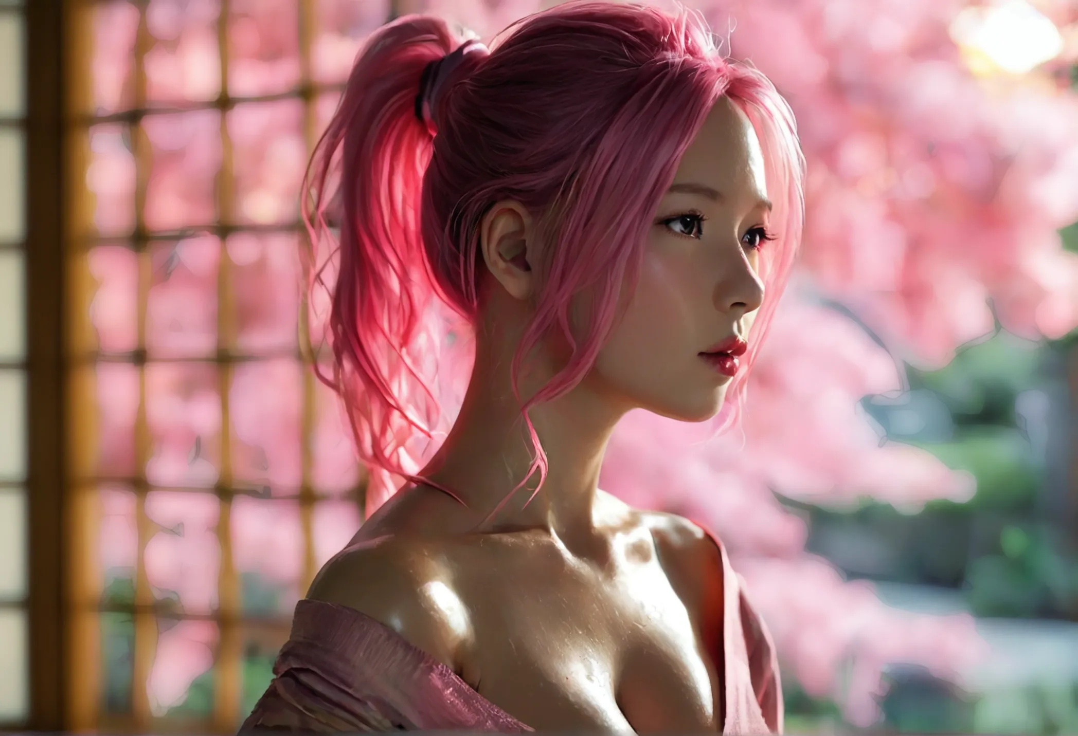 beautiful japanese woman, pink hair, ponytail, naked, oily skin, big breasts, yoga pose