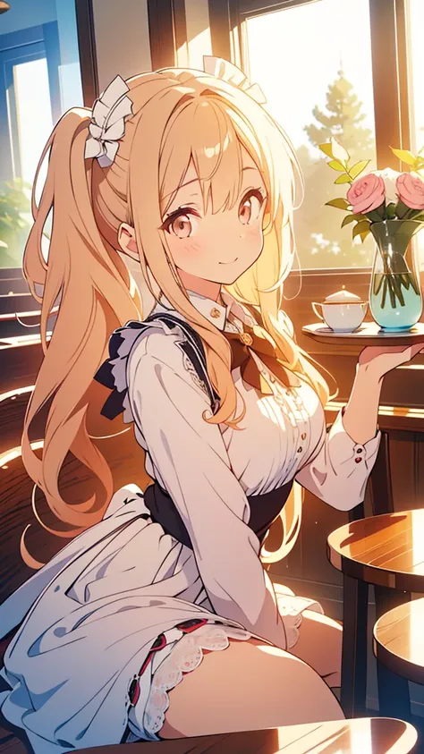  "A super cute and adorable maid with large, expressive eyes, wearing a detailed classic maid outfit with frills and lace. Her hair is long and beautifully styled, flowing in soft curls. She has a delicate, smiling face with flawless, radiant skin. Include...