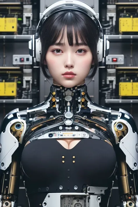 masterpiece, best quality, extremely detailed,portrait,upper body,front view,Japaese android girl,Plump, control panels,android,Droid,Mechanical Hand, Robot arms and legs,Blunt bangs,long tube,thick cable connected her neck,