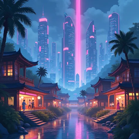 town "Oasis Village" with residents and skyscrapers in the neon anime style