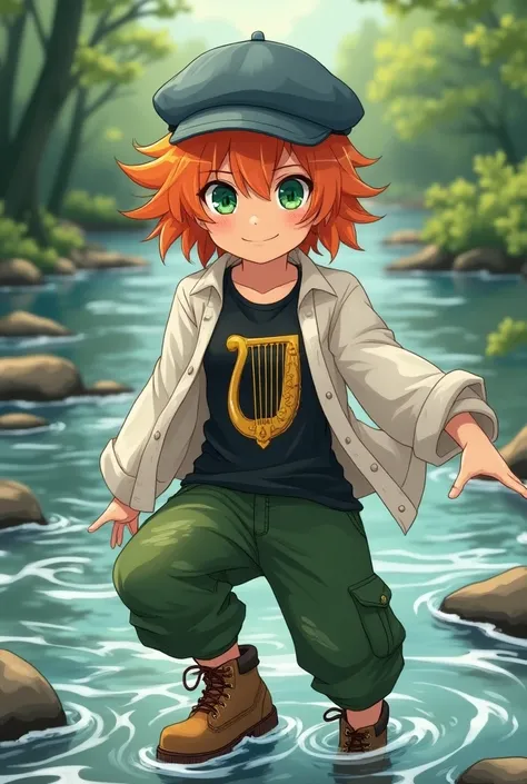 Anime girl, wild chinlong orange hair, flat grey blue newsboy cap, smirking, emerald eyes, wide white open shirt, black T-Shirt with golden harp, green long pants, white socks, dirty Timberland ankle-boots soaking wet, standing in stream, right feet on a r...