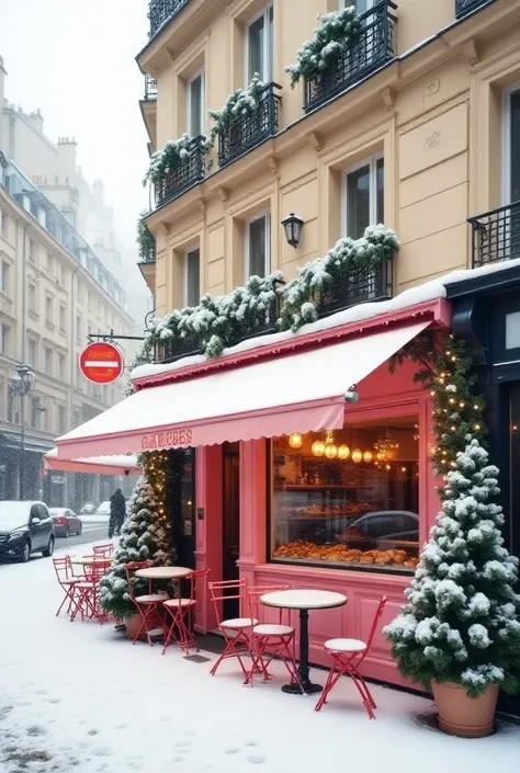 Pastel-pink Parisian cafe in winter.  Snowy street scene, soft light, charming facade.  Pastel-pink storefront with a  pink awning.  Snow-dusted windows display pastries and treats.  Outdoor cafe seating with small round tables and red chairs.  Snowy Chris...