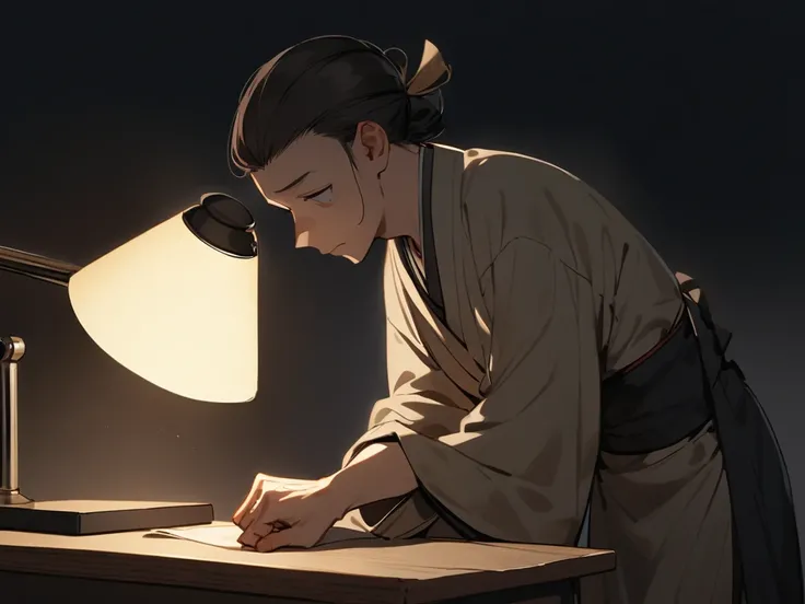 A man in traditional Japanese clothing, facing forward at a desk at night, with one hand turning off a desk lamp