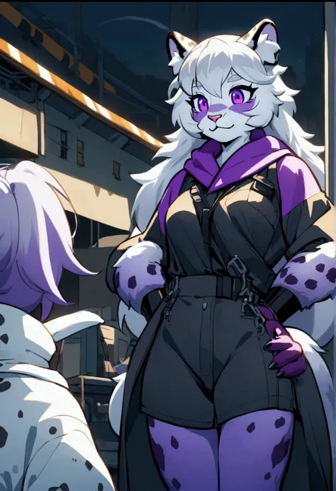 Furry Snow leopard fur and purple eyes purple fur tips and the female gender with mechanics clothes
